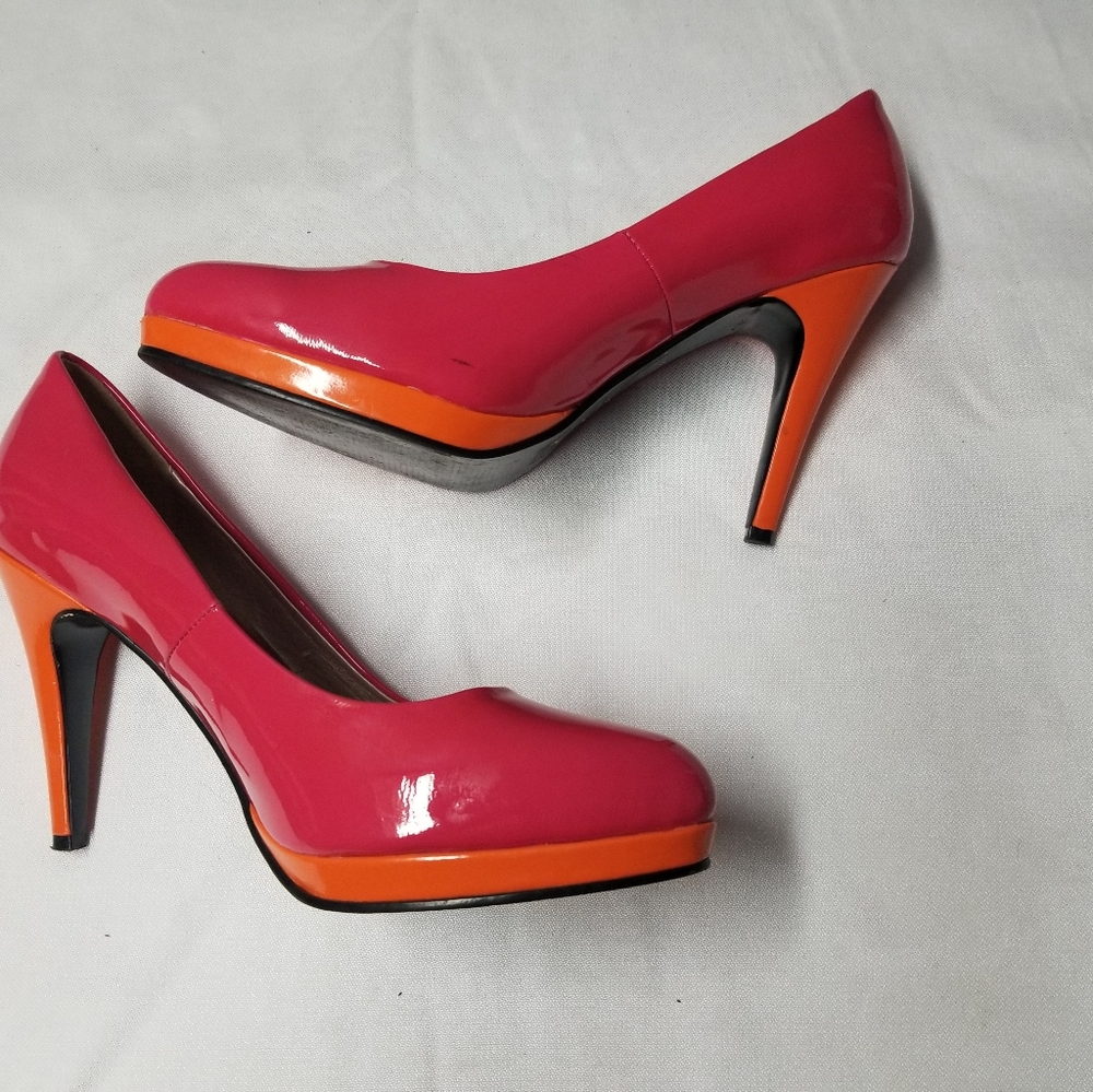 Greenwich Village Heels, Shoes 9B, Leather Pink Orange Elegant Formal